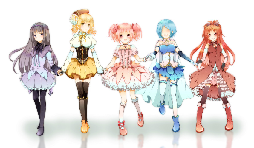 absurdres akemi_homura bubble_skirt hand_holding highres holding_hands kaname_madoka magical_girl mahou_shoujo_madoka_magica miki_sayaka multiple_girls pantyhose ponytail reflection sakura_kyouko shoes simple_background standing sumomo_kaze thighhighs tomoe_mami