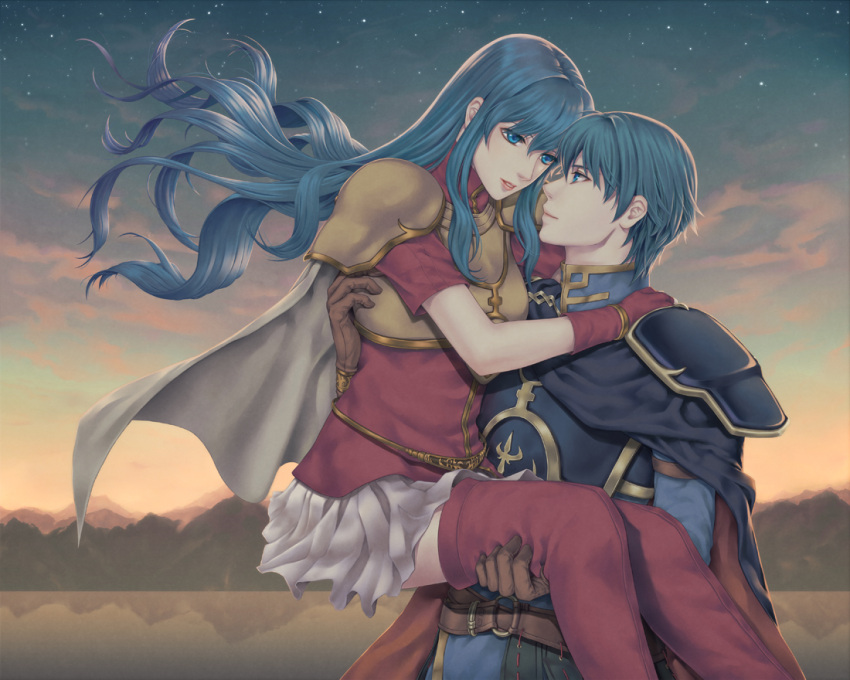 blue_eyes blue_hair boots bracelet brother_and_sister cape carrying character_request couple eirika ephraim eye_contact fire_emblem fire_emblem:_seima_no_kouseki gloves jewelry kuga_(a-s-t) lips long_hair marth prince princess princess_carry sheeda short_hair siblings skirt smile thigh-highs thigh_boots thighhighs