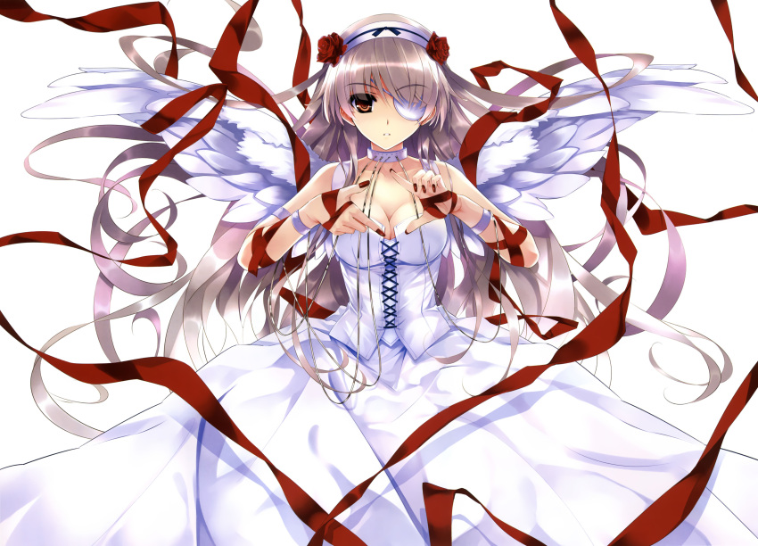 breasts cleavage copyright_request corset dress eyepatch fingernails flower hairband highres long_hair misaki_kurehito nail_polish nails ribbon silver_hair simple_background solo very_long_hair wings