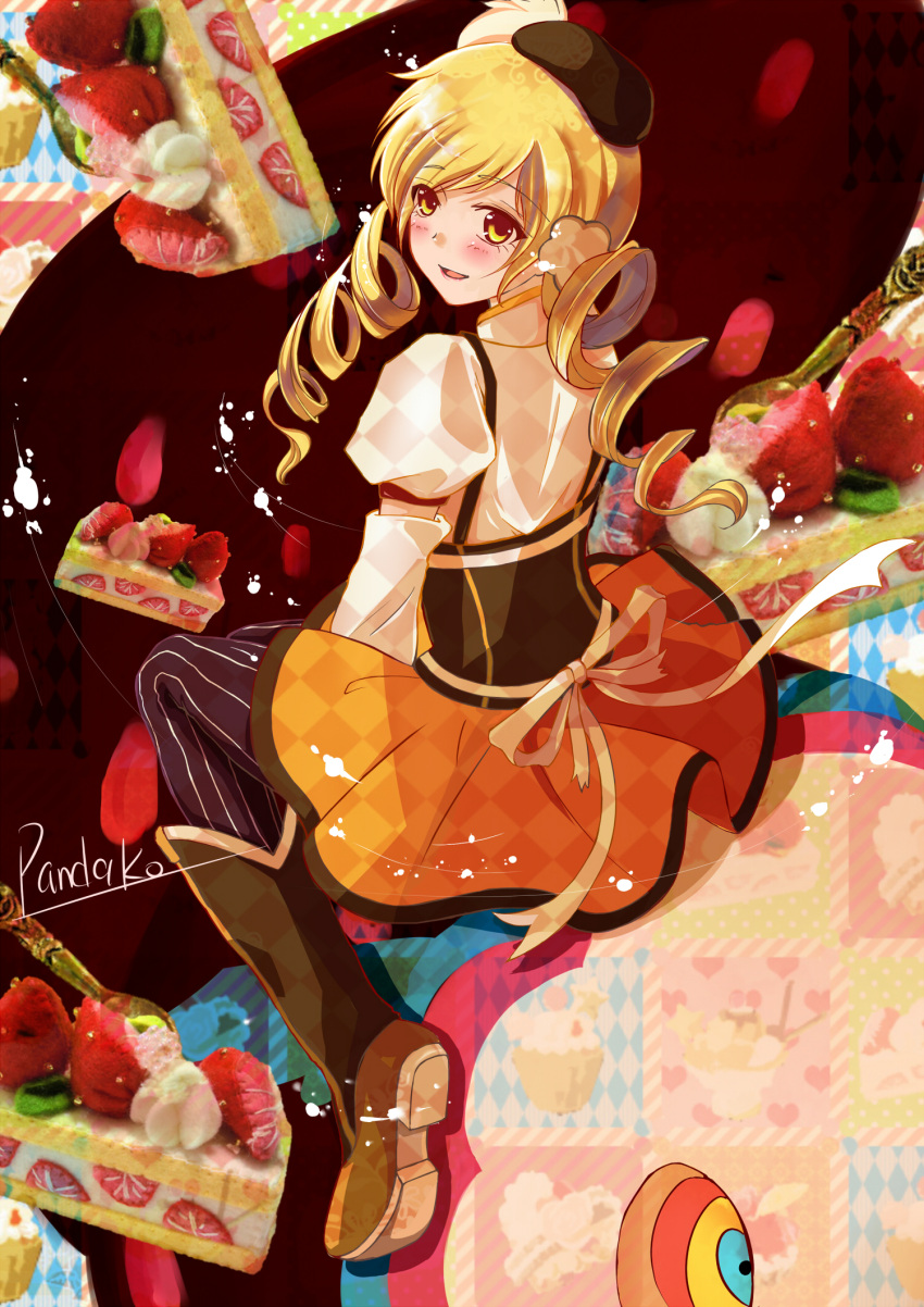 beret blonde_hair blush boots cake charlotte_(madoka_magica) detached_sleeves drill_hair food from_behind fruit hat highres looking_back magical_girl mahou_shoujo_madoka_magica pandako pleated_skirt puffy_sleeves sitting skirt smile strawberry thigh-highs thighhighs tomoe_mami witch's_labyrinth yellow_eyes