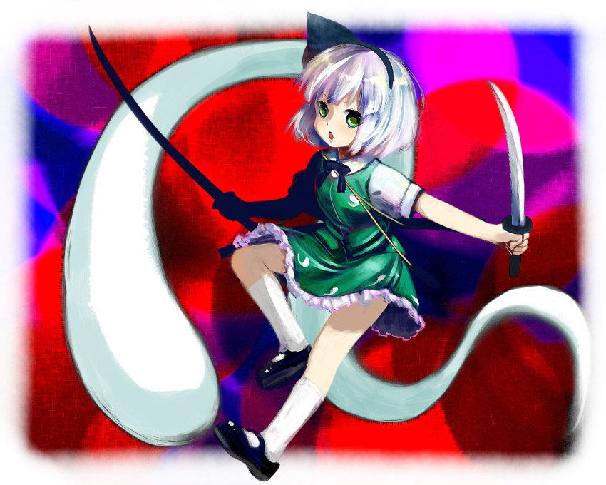 bad_id chagen_kokimu dual_wielding ghost green_eyes hairband katana konpaku_youmu konpaku_youmu_(ghost) mary_janes myon open_mouth sdmaiden shoes short_hair silver_hair solo sword tanto touhou wallpaper weapon