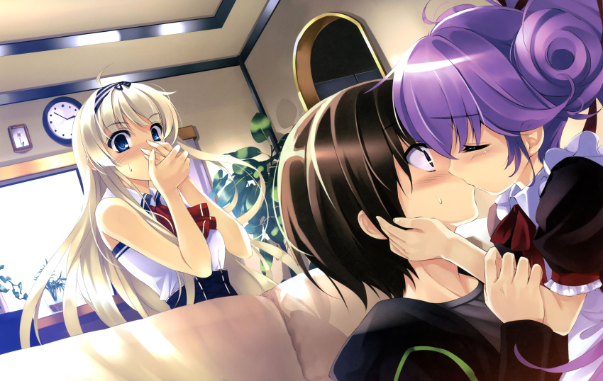 absurdres blonde_hair blue_eyes blush boku_to_kanojo_ni_furu_yoru character_request clock closed_eyes couch covering covering_face covering_mouth double_bun eyes_closed hairband highres kiss maid misaki_kurehito multiple_girls nunnally_(boku_to_kanojo_ni_furu_yoru) purple_hair sugamu_naito surprised yorumirumi_stolenberg
