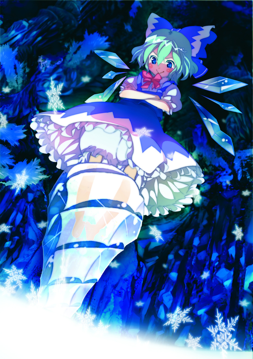 1girl :&gt; arms_crossed blue_eyes blue_hair bow cirno crossed_arms drill hair_bow highres ice looking_down short_hair smile snowflakes solo sora_tokumo touhou wings