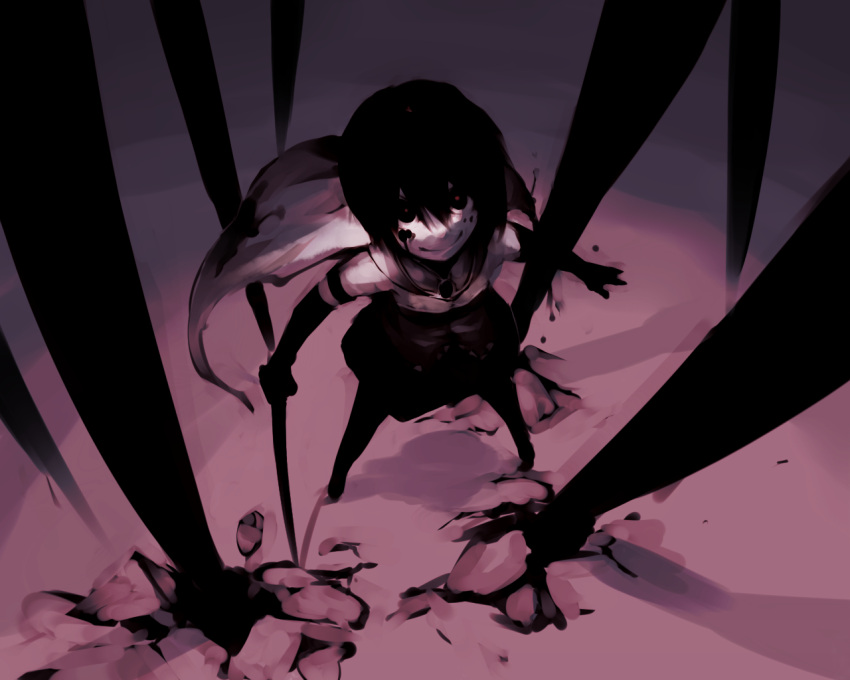 black_hair black_sclera blood cape creepy dark dark_persona elbow_gloves evil from_above gloves looking_up magical_girl mahou_shoujo_madoka_magica miki_sayaka red_eyes sigure_(drizzle) smile solo sword weapon witch's_labyrinth