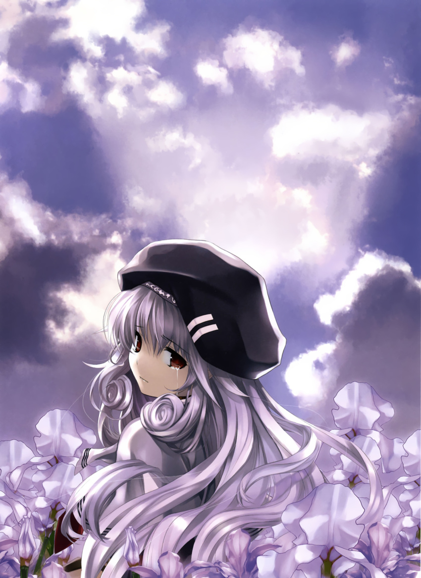 boku_to_kanojo_ni_furu_yoru character_request cloud clouds flower hat highres iris_maria_herbust looking_back misaki_kurehito silver_hair sky solo tears