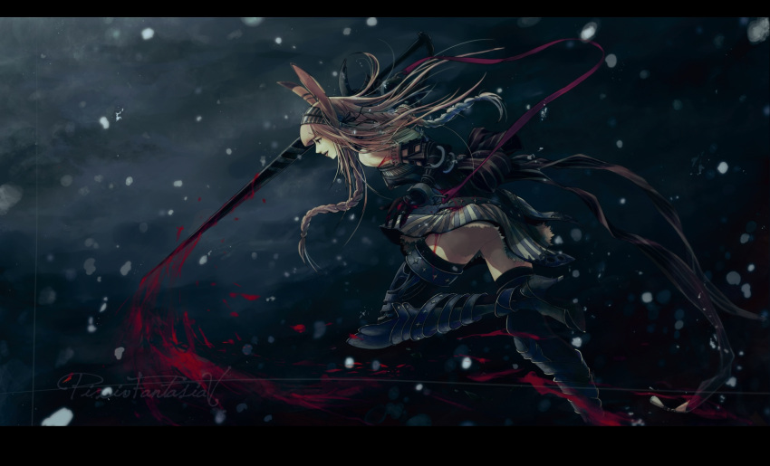 armor bad_id bare_shoulders blonde_hair blood braid bunny_ears dark detached_sleeves gloves hairband high_heels highres injury jewelry letterboxed long_hair pixiv_fantasia pixiv_fantasia_5 polearm profile ring running shoes signature skirt snow solo striped striped_skirt thigh-highs thighhighs tongue twin_braids weapon wound wounded wrist_cuffs yuus zettai_ryouiki