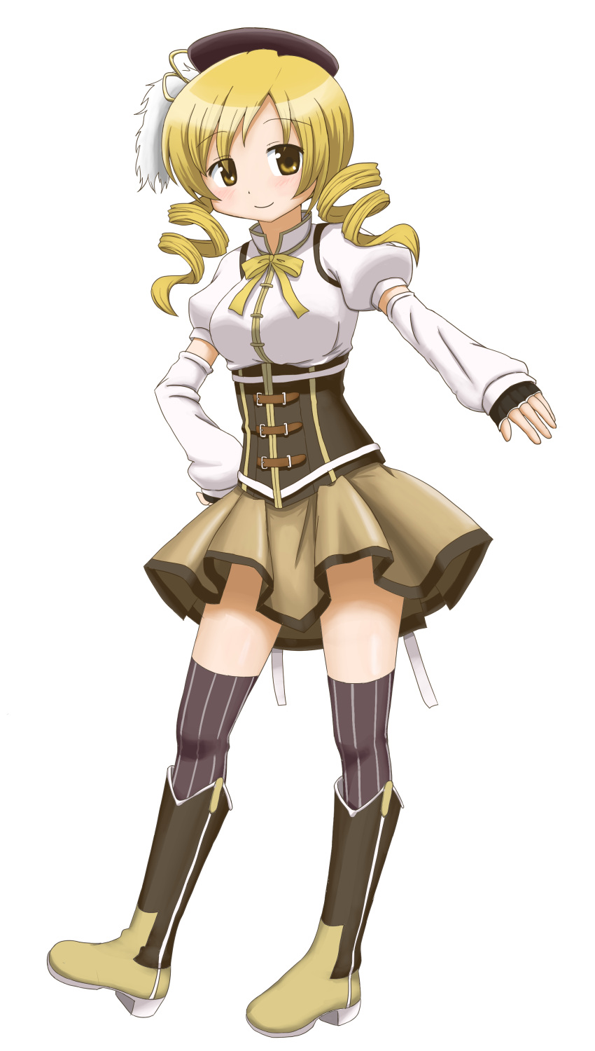 absurdres beret blonde_hair detached_sleeves drill_hair fingerless_gloves gloves hat highres mahou_shoujo_madoka_magica puffy_sleeves simple_background skirt solo thigh-highs thighhighs tomoe_mami udan vertical-striped_legwear vertical-striped_thighhighs vertical_stripes yellow_eyes