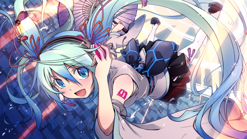 :d aqua_eyes aqua_hair blue_eyes bow detached_sleeves foreshortening from_above hand_on_headphones hatsune_miku headphones headset highres japanese_clothes long_hair obi open_mouth sakura_(artist) skirt smile solo thigh-highs thighhighs twintails umbrella very_long_hair vocaloid