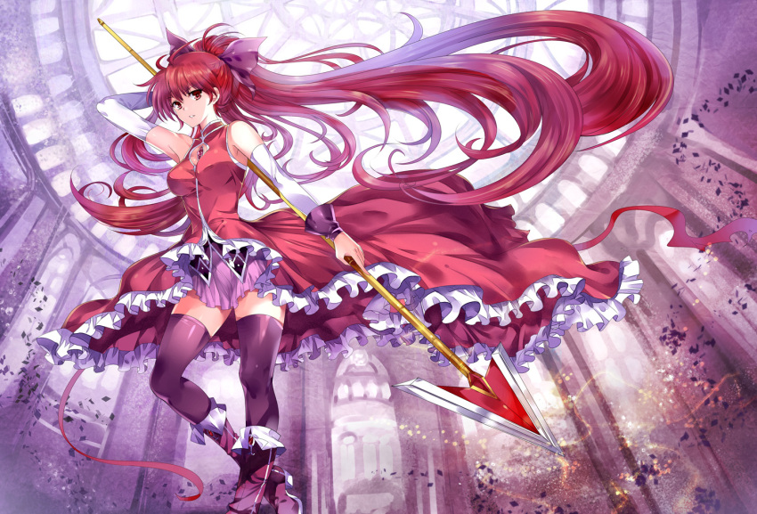 blush boots bow breasts hair_bow highres long_hair magical_girl mahou_shoujo_madoka_magica open_mouth pico_(picollector79) polearm ponytail red_eyes red_hair redhead sakura_kyouko solo thigh-highs thighhighs weapon