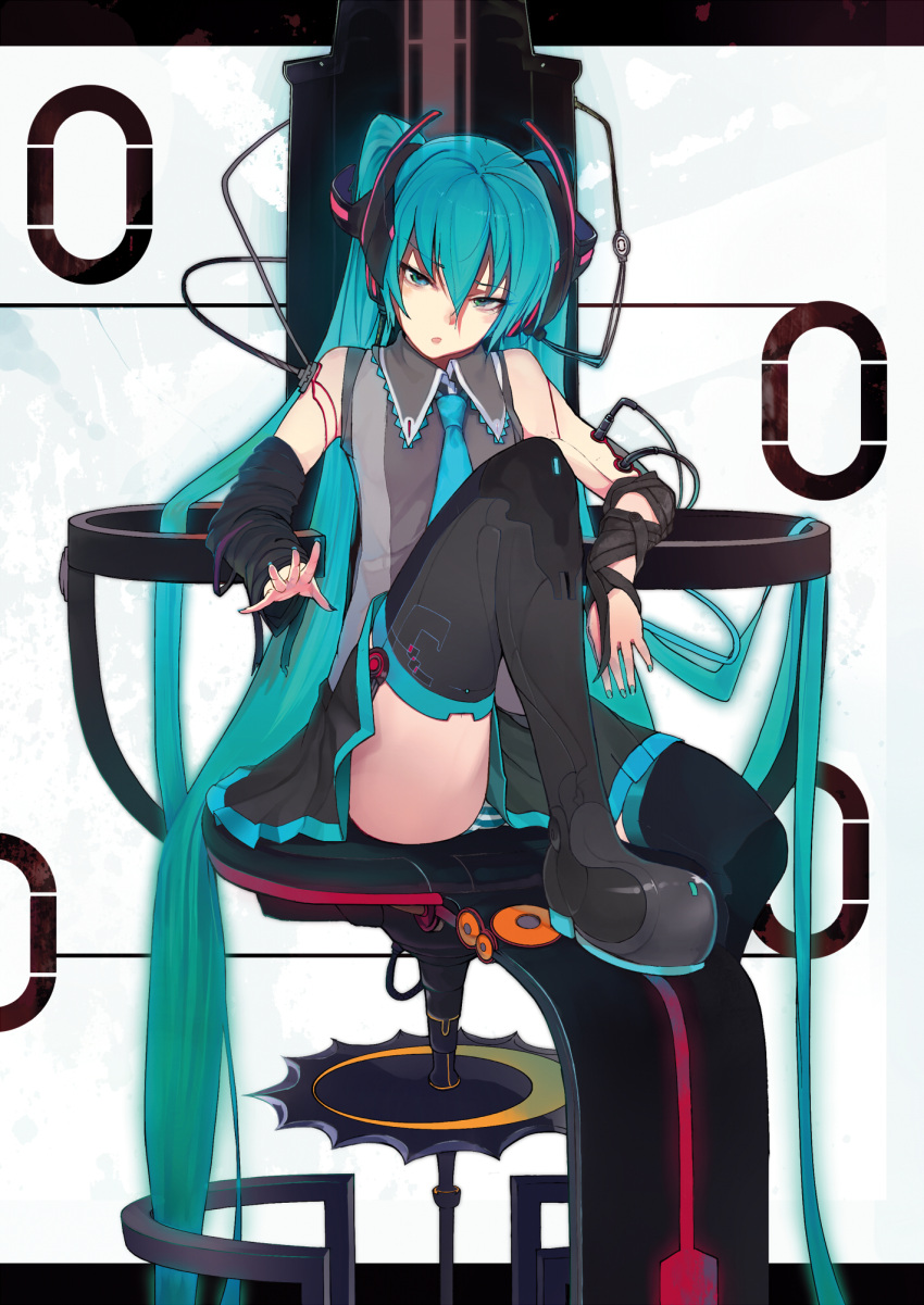 aqua_eyes aqua_hair cable detached_sleeves hatsune_miku headphones highres long_hair necktie open_mouth panties shirabi_(life-is-free) shirt_lift sitting solo striped striped_panties thigh-highs thighhighs twintails underwear very_long_hair vocaloid