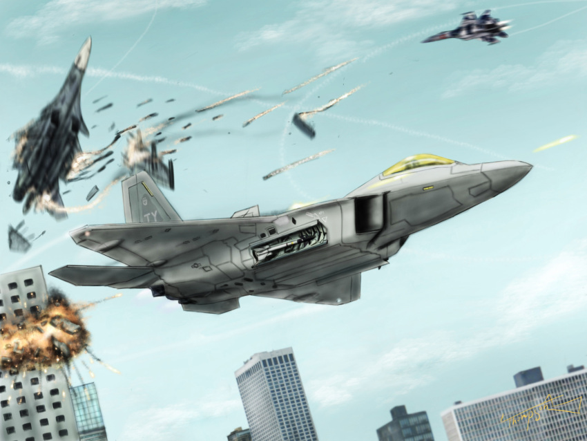 ace_combat ace_combat_assault_horizon aerial_battle airplane battle building city condensation_trail contrail crush damaged explosion f-22 fighter_jet flying highres jet missile sky smoke su-35 thompson