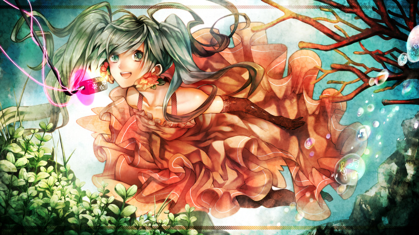 :d bubble bubbles dress elbow_gloves flower gloves green_eyes green_hair hana_(yui) hatsune_miku highres microphone musical_note open_mouth pantyhose plant plants singing skirt smile solo studio_microphone twintails underwater vocaloid water