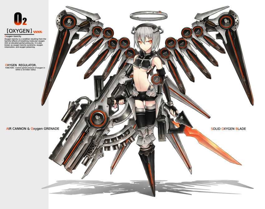 anthropomorphism breasts english gia gun highres mecha_musume mechanical_wings midriff orange_eyes original personification short_hair silver_hair solo sword text underboob weapon white wings