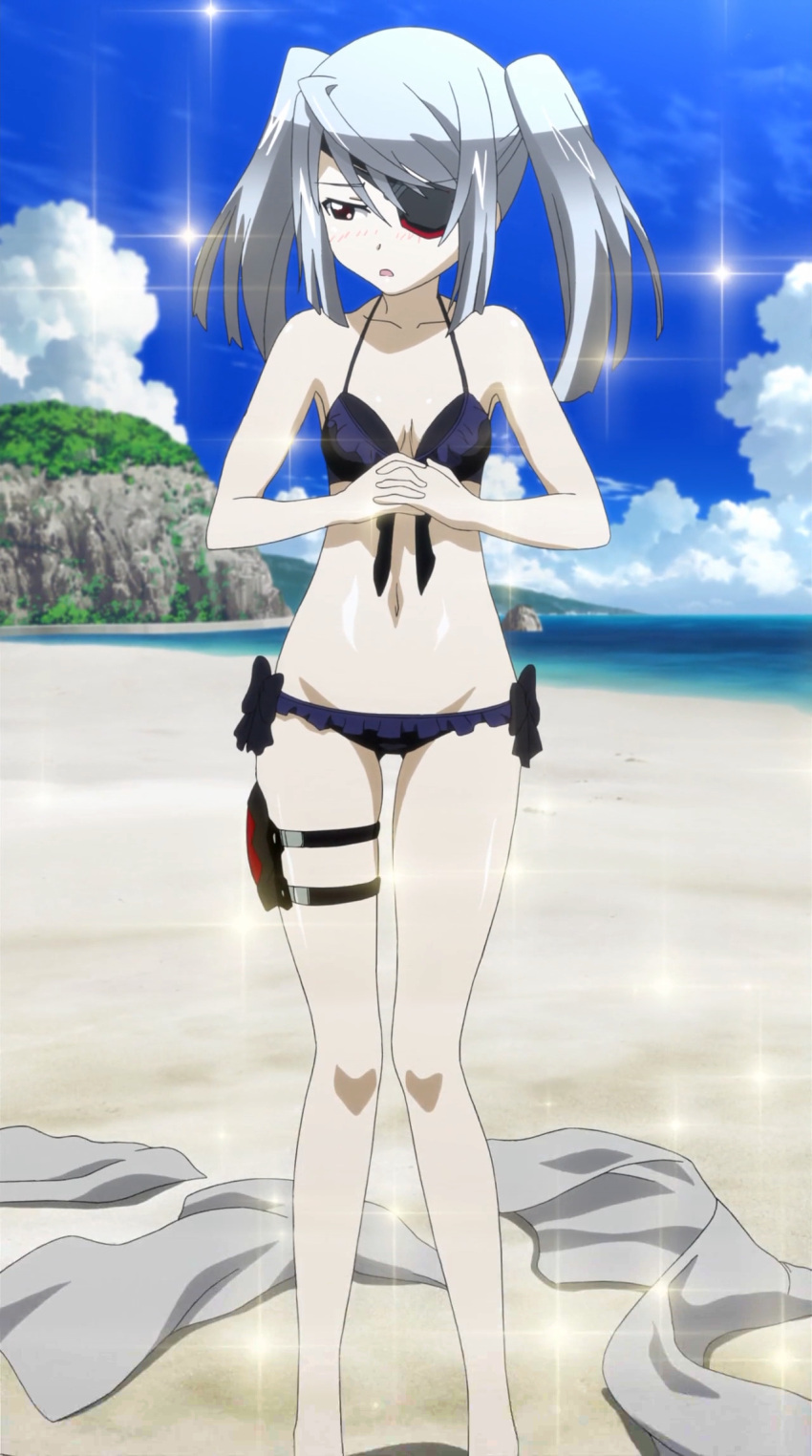 bikini blush cap cloud eyepatch hands_clasped highres infinite_stratos laura_bodewig ocean screencap silver_hair sky solo sparkle standing stitched swimsuit thigh_strap twintails