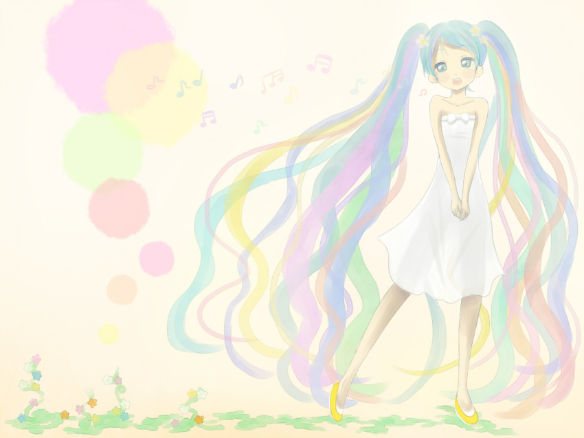 blue_eyes flower hatsune_miku multicolored_hair musical_note open_mouth shoes solo strapless_dress twintails very_long_hair vocaloid white_dress