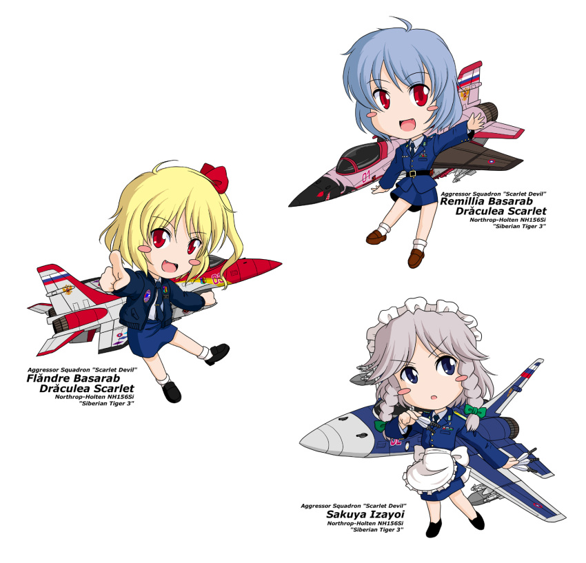 adapted_costume airplane blonde_hair blue_eyes blue_hair braid flandre_scarlet highres izayoi_sakuya jet knife maid_headdress military military_uniform multiple_girls no_hat no_headwear red_eyes remilia_scarlet ribbon sakurato_tsuguhi short_hair side_ponytail silver_hair simple_background throwing_knife touhou twin_braids uniform weapon