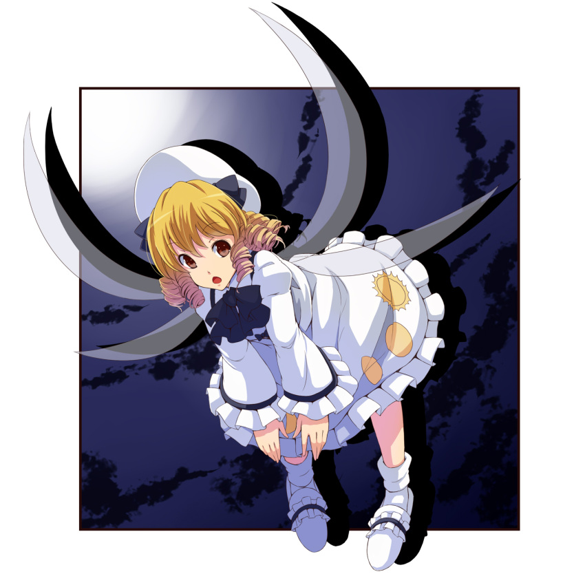 bad_id blonde_hair dress drill_hair hat highres luna_child red_eyes slippers solo touhou tsuttsu white_dress wings yukino_tsubu