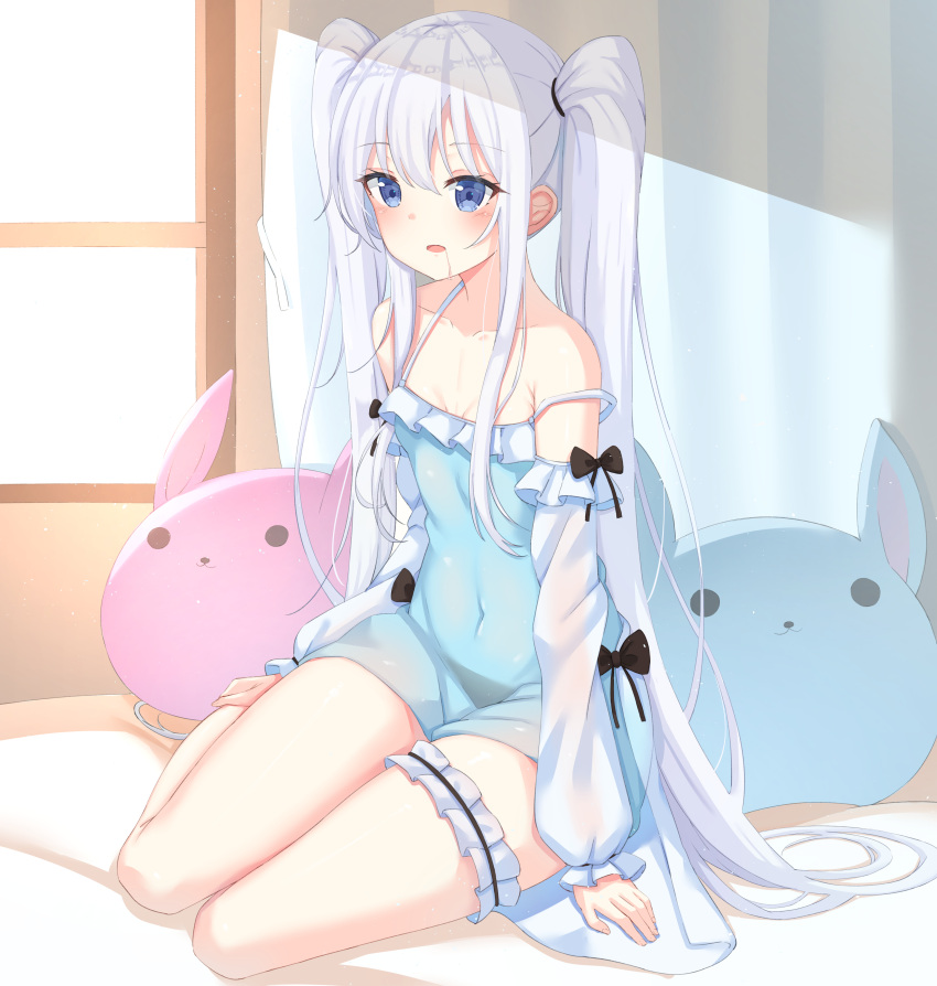1girl :3 absurdres bangs bare_shoulders black_bow blue_eyes blush bow breasts cleavage collarbone covered_navel detached_sleeves drooling eyebrows_visible_through_hair frills hair_between_eyes highres indoors long_hair navel nightgown off_shoulder on_bed open_mouth original saliva silver_hair sitting small_breasts solo spaghetti_strap strap_slip stuffed_animal stuffed_toy sunlight thigh_strap thighs twintails very_long_hair window xue_lu yokozuwari