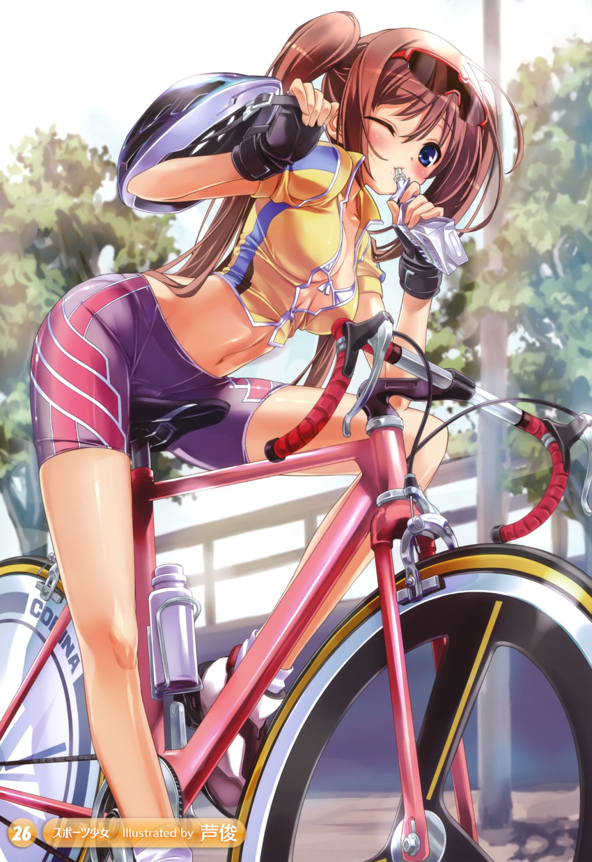 abs absurdres arched_back ashishun bicycle bike_shorts bikini_top blue_eyes blush bottle breasts brown_hair cleavage drinking fingerless_gloves front-tie_top gloves helmet highres hips legs long_hair midriff navel open_clothes open_shirt original outstretched_leg shiny shiny_skin shirt skin_tight solo sunglasses twintails water_bottle wink