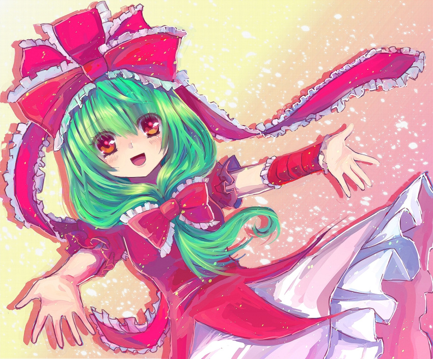 arm_ribbon bad_id blush bow chirosuke dress frills front_ponytail green_eyes green_hair hair_bow hair_ornament hair_ribbon highres kagiyama_hina long_hair open_mouth orange_eyes outstretched_arms outstretched_hand ribbon smile solo spread_arms touhou