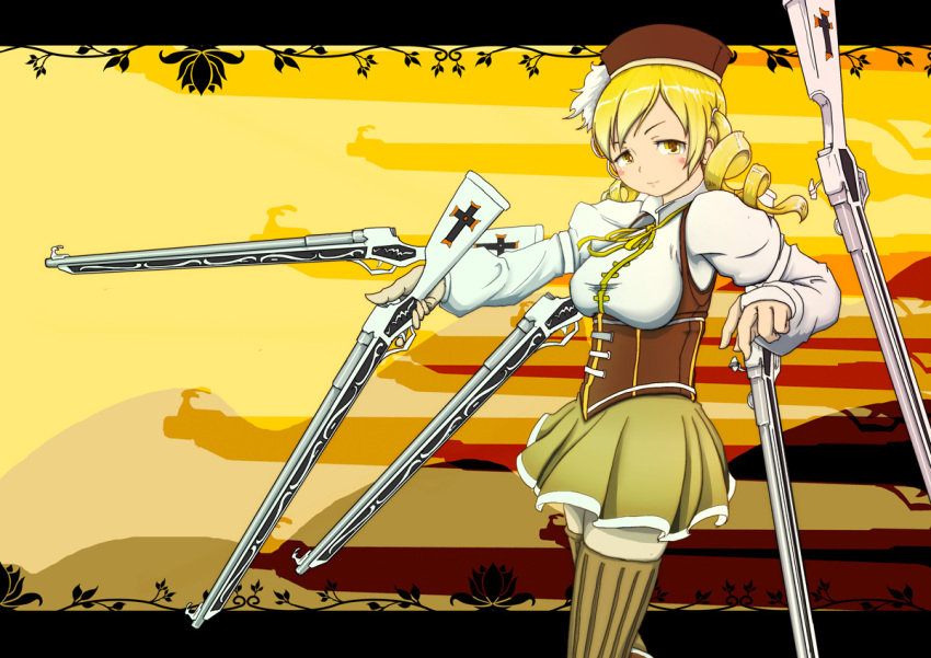 beret blonde_hair breasts cross drill_hair gun hair_ornament hat letterboxed magical_girl magical_musket mahou_shoujo_madoka_magica murakumo1987 pleated_skirt puffy_sleeves rifle skirt solo thigh-highs thighhighs tomoe_mami weapon yellow_eyes