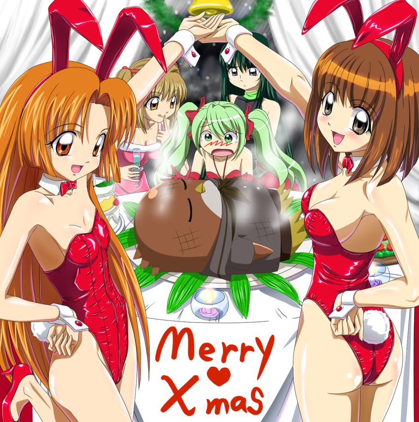 akai_shinju amagi_michal amagi_mikaru animal_ears ankoku_tiger ass bare_legs bird breasts brown_eyes brown_hair bunny_ears bunny_girl bunny_tail bunnysuit christmas cleavage highres hippo long_hair mermaid_melody_pichi_pichi_pitch multiple_girls nanami_lucia official_style orange_eyes orange_hair penguin seira_(mermaid_melody_pichi_pichi_pitch) short_hair tail touin_rina yuuri_(mermaid_melody_pichi_pichi_pitch)