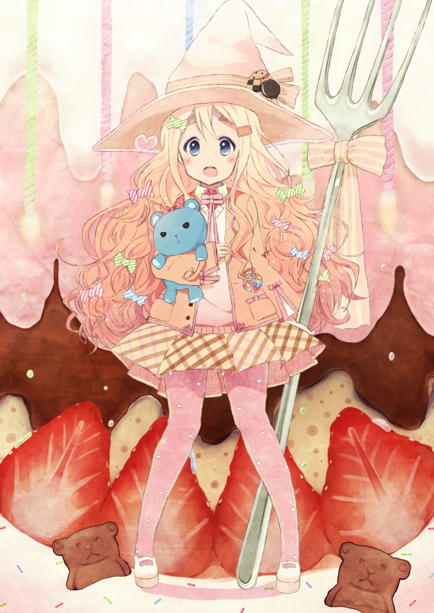 blonde_hair blue_eyes cookie food food_as_clothes food_themed_clothes fork fruit gum_(vivid_garden) hat heart highres holding holding_fork k-on! kotobuki_tsumugi long_hair mary_janes oversized_object pantyhose pink pink_legwear print_legwear print_pantyhose shoes solo strawberry stuffed_animal stuffed_toy teddy_bear witch_hat