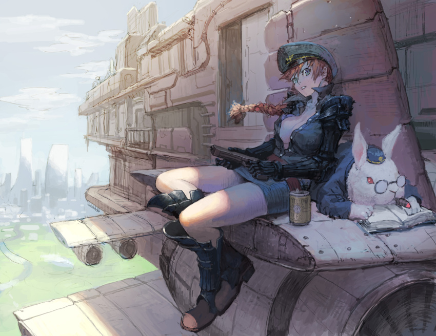 airship animal blue_eyes book boots braid breasts brown_hair bunny can cigar cleavage cloud clouds copyright_request glasses gun handgun hat highres large_breasts legs long_legs loped miniskirt open_clothes open_shirt rabbit reading red_eyes shirt sitting skirt solo thighs unbuttoned weapon
