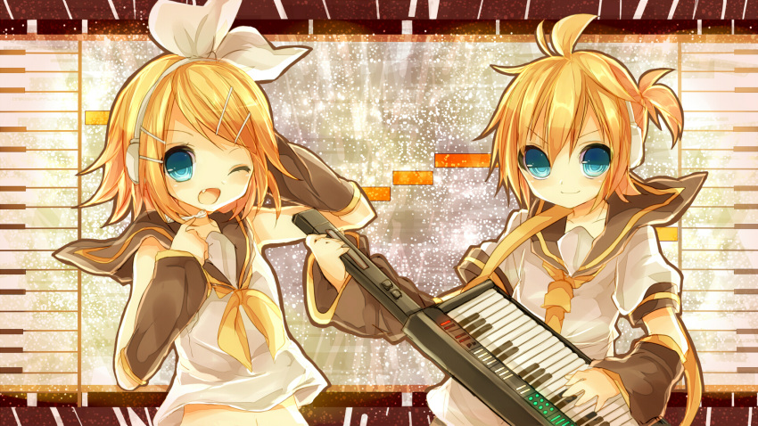 blonde_hair blue_eyes blush brother_and_sister detached_sleeves fang hair_ornament hair_ribbon hairband hairclip hand_on_headphones headphones headset highres inaresi instrument kagamine_len kagamine_rin keytar midriff necktie open_mouth ribbon short_hair shorts siblings smile twins vocaloid wink