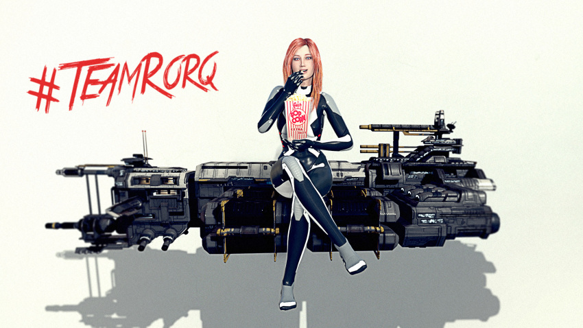 1girl 3d alternate_size bodysuit capital_ship_(eve_online) commentary commission droneboat_(eve_online) eating english_commentary eve_online food full_body grey_bodysuit hand_up harvesting_ship_(eve_online) hashtag hauling_ship_(eve_online) highres holding industrial_ship_(eve_online) lips long_hair looking_at_viewer nidensommer nose open_mouth orange_hair original outer_ring_excavations_(eve_online) pink_lips popcorn radio_antenna realistic rorqual_(eve_online) science_fiction shadow simple_background sitting solo spacecraft support_ship_(eve_online) teeth upper_teeth_only white_background