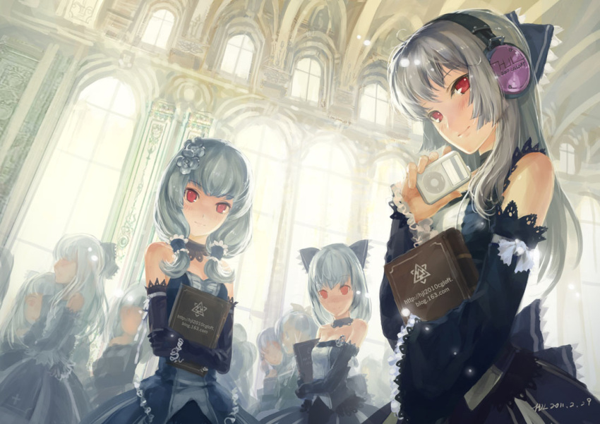 book bow breasts camera detached_sleeves digital_media_player dress elbow_gloves gloves hair_bow headphones hjl ipod multiple_girls pixiv_fantasia pixiv_fantasia_5 red_eyes school_uniform silver_hair smile strapless_dress twintails
