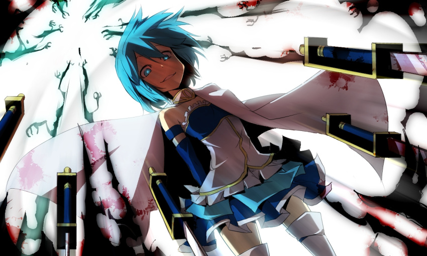 blood blood_stain blue_eyes blue_hair cape dutch_angle from_below highres magical_girl mahou_shoujo_madoka_magica miki_sayaka sea_(lordofk) short_hair smile sword thigh-highs thighhighs weapon white_legwear white_thighhighs witch's_labyrinth witch's_labyrinth zettai_ryouiki