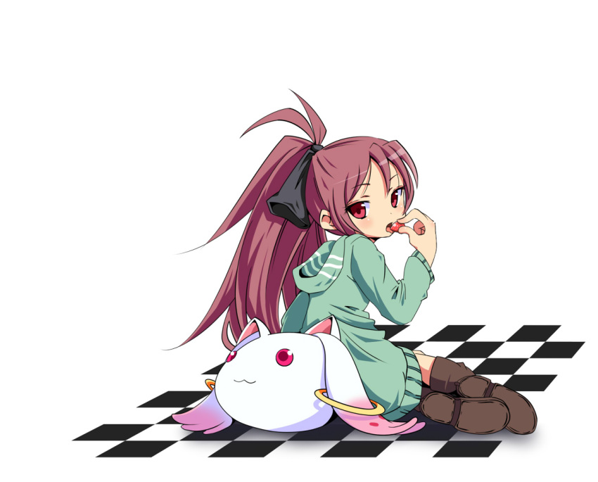 animal_ears antenna_hair bad_id blush boots casual cat_ears character_doll checkered checkered_floor doll earrings eating food from_behind fruit hair_ribbon hoodie jewelry kyubey kyuubee long_hair looking_back mahou_shoujo_madoka_magica open_mouth pink_eyes pink_hair ponytail red_eyes red_hair redhead ribbon sakura_kyouko sitting strawberry striped take_(office-t) thigh_boots thighhighs tongue