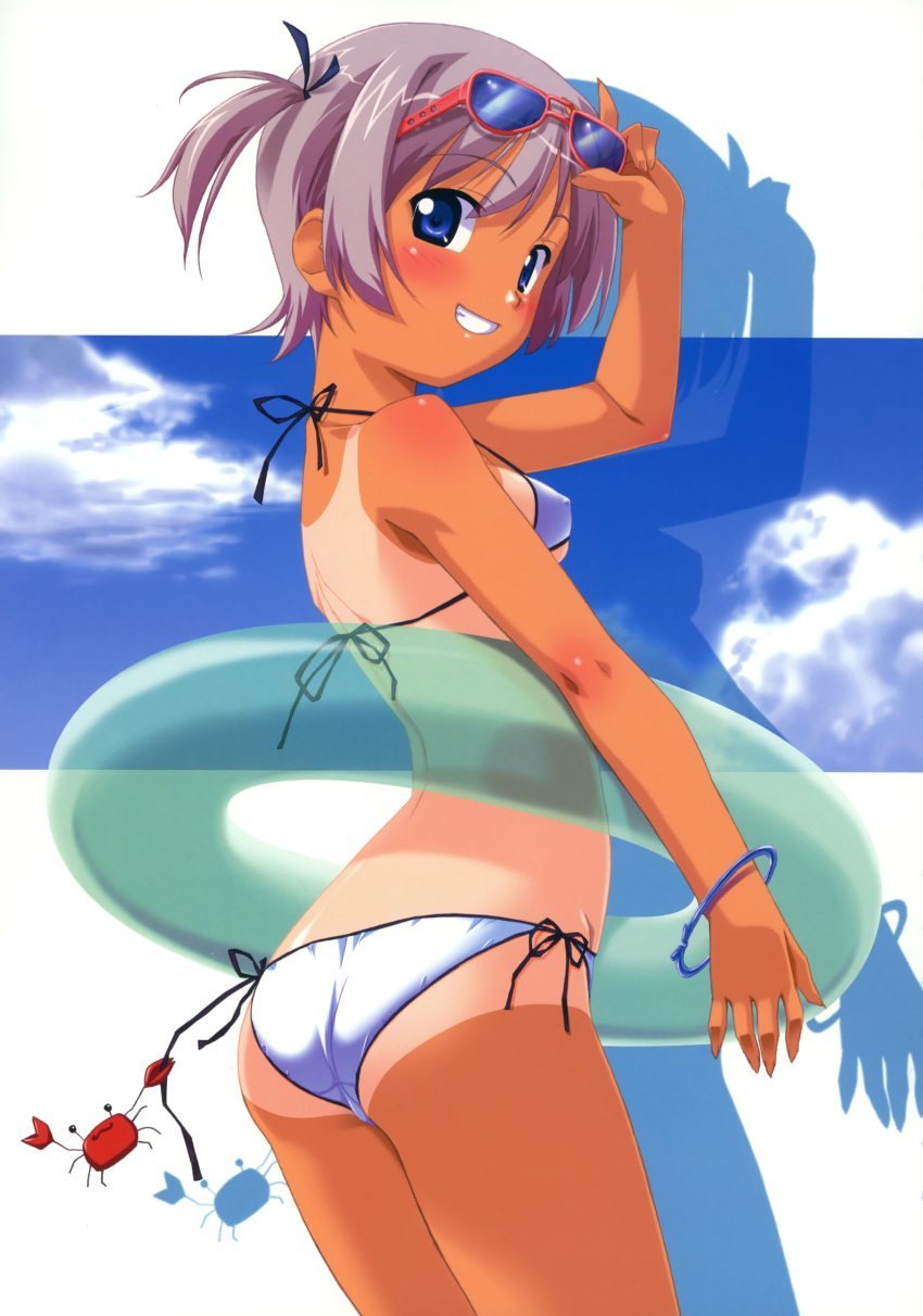 :d absurdres ass back bikini blue_eyes blush bracelet copyright_request crab erect_nipples grey_hair grin highres innertube jewelry kuuchuu_yousai looking_back open_mouth purple_hair short_hair side-tie_bikini side_ponytail smile solo source_request sunglasses swimsuit tan tanline
