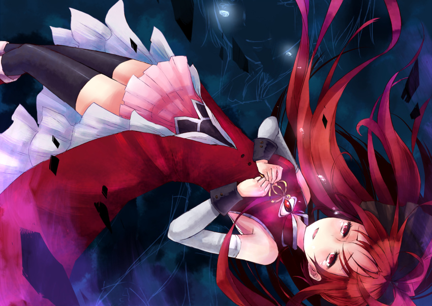 bare_shoulders detached_sleeves dress highres long_hair lying magical_girl mahou_shoujo_madoka_magica minato_(shouno) open_mouth ponytail red_eyes red_hair redhead sakura_kyouko solo tears thigh-highs thighhighs