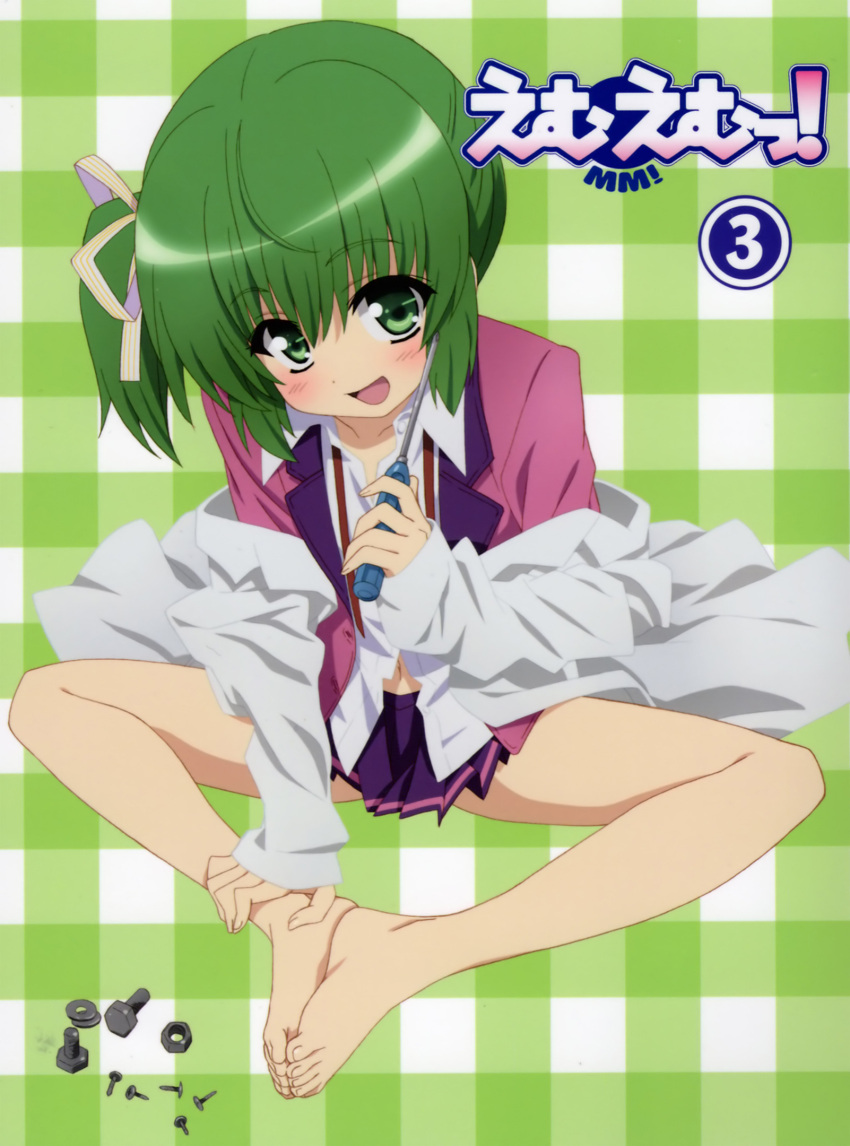 butterfly_sitting child cover disc_cover dvd_cover feet green_eyes green_hair hands_on_feet highres hiiragi_noa labcoat mm! school_uniform screwdriver short_hair side_ponytail sitting
