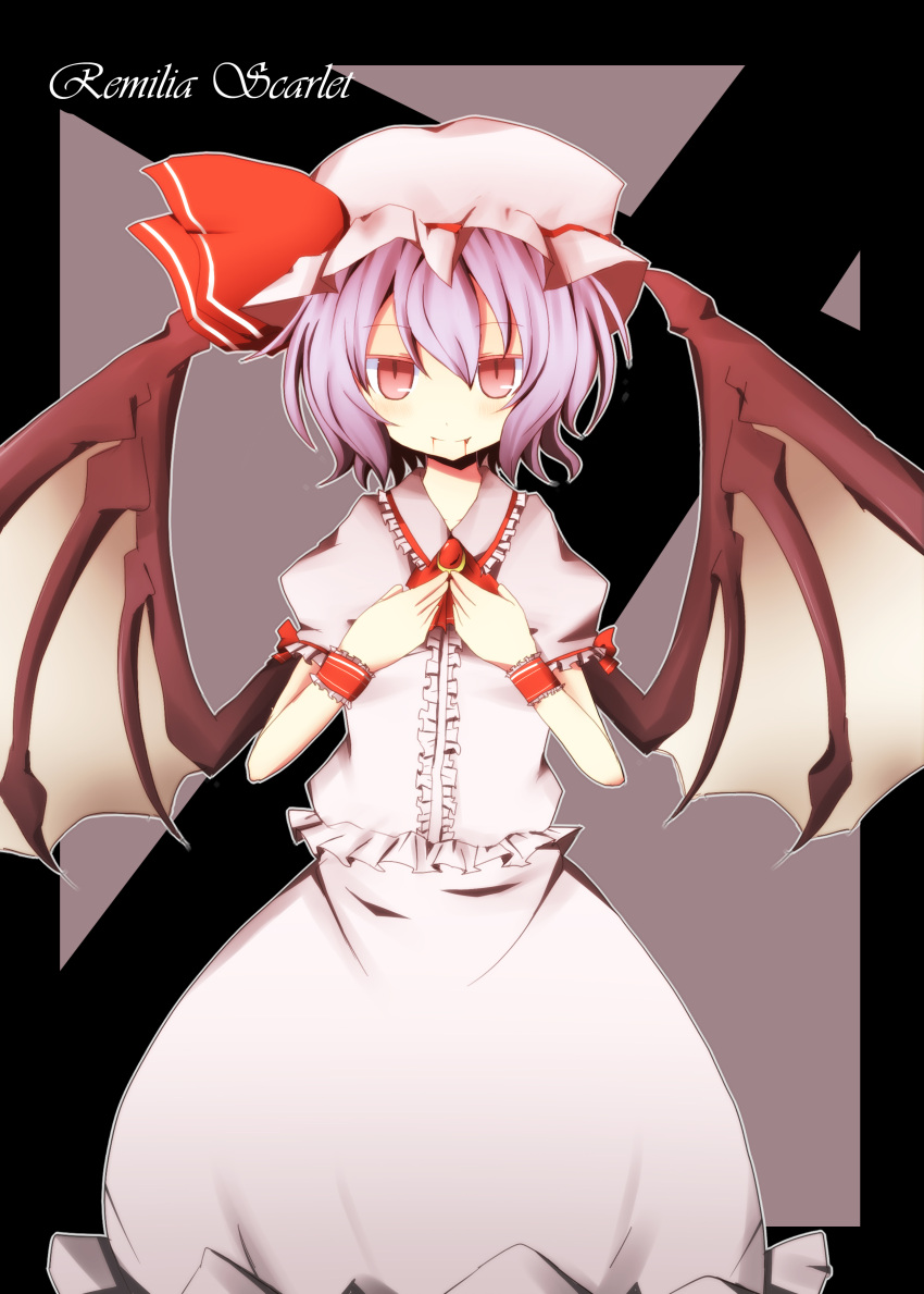 absurdres bad_id bat_wings blood blood_in_mouth blood_on_face blue_hair character_name dress fang hands_on_chest hands_on_own_chest hands_to_chest hat highres pasutel pink_dress red_eyes remilia_scarlet smile solo touhou wings