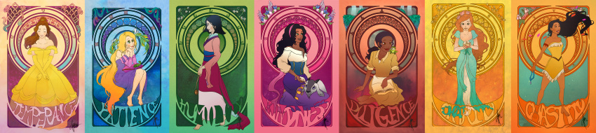 6+girls alternate_costume alternate_form art_nouveau beauty_and_the_beast belle_(disney) black_hair blonde_hair brown_hair character_request closed_eyes compilation dark_skin disney enchanted esmerelda eyes_closed fa_mulan_(disney) flower frog giselle goat gypsy highres lips long_hair makeup mulan multiple_girls orange_hair patricia_ayu pocahontas pocahontas_(disney) rapunzel_(disney) rapunzel_(grimm) seven_virtues sitting tangled the_hunchback_of_notre_dame the_princess_and_the_frog tiana very_long_hair
