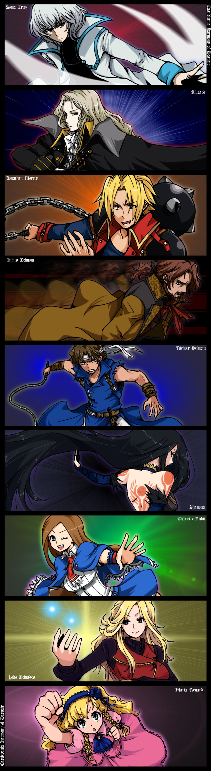 alucard bare_back bare_shoulders beard belt black_hair blonde_hair blue_eyes bow braid brown_hair castlevania castlevania:_aria_of_sorrow castlevania:_dawn_of_sorrow castlevania:_harmony_of_despair castlevania:_order_of_ecclesia castlevania:_portrait_of_ruin castlevania:_rondo_of_blood castlevania:_symphony_of_the_night chain chains charlotte_aulin cloak coat dagger dress facial_hair flail grin hair_bow headband highres jonathan_morris julius_belmondo julius_belmont kidachi konami long_hair looking_back magic maria_renard motion_blur mustache richter_belmondo shanoa silver_hair smile soma_cruz sword tattoo trench_coat trenchcoat weapon whip wink yoko_belnades