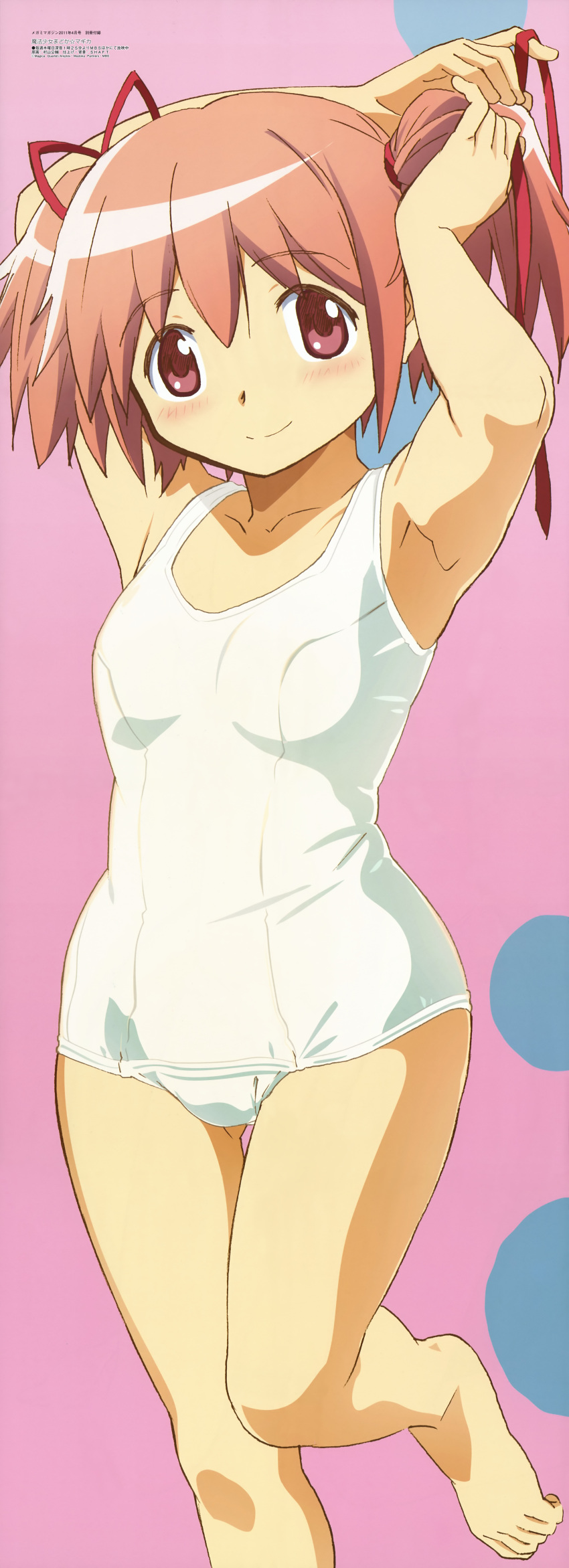 absurdres armpits feet hair_ribbon hairdressing highres incredibly_absurdres kaname_madoka legs long_image mahou_shoujo_madoka_magica megami murayama_kousuke official_art pink_eyes ribbon school_swimsuit short_twintails smile solo standing_on_one_leg stick_poster swimsuit tall_image twintails white_school_swimsuit