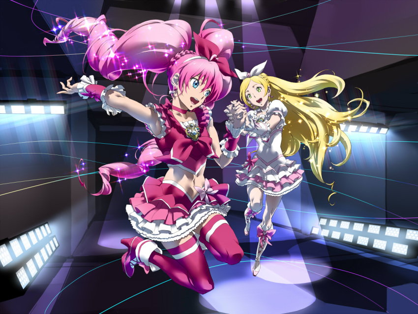 barrier blonde_hair cure_melody cure_rhythm green_eyes houjou_hibiki long_hair magical_girl midriff minamino_kanade pink_hair precure pretty_cure suite_precure suite_pretty_cure thigh-highs thighhighs twintails very_long_hair