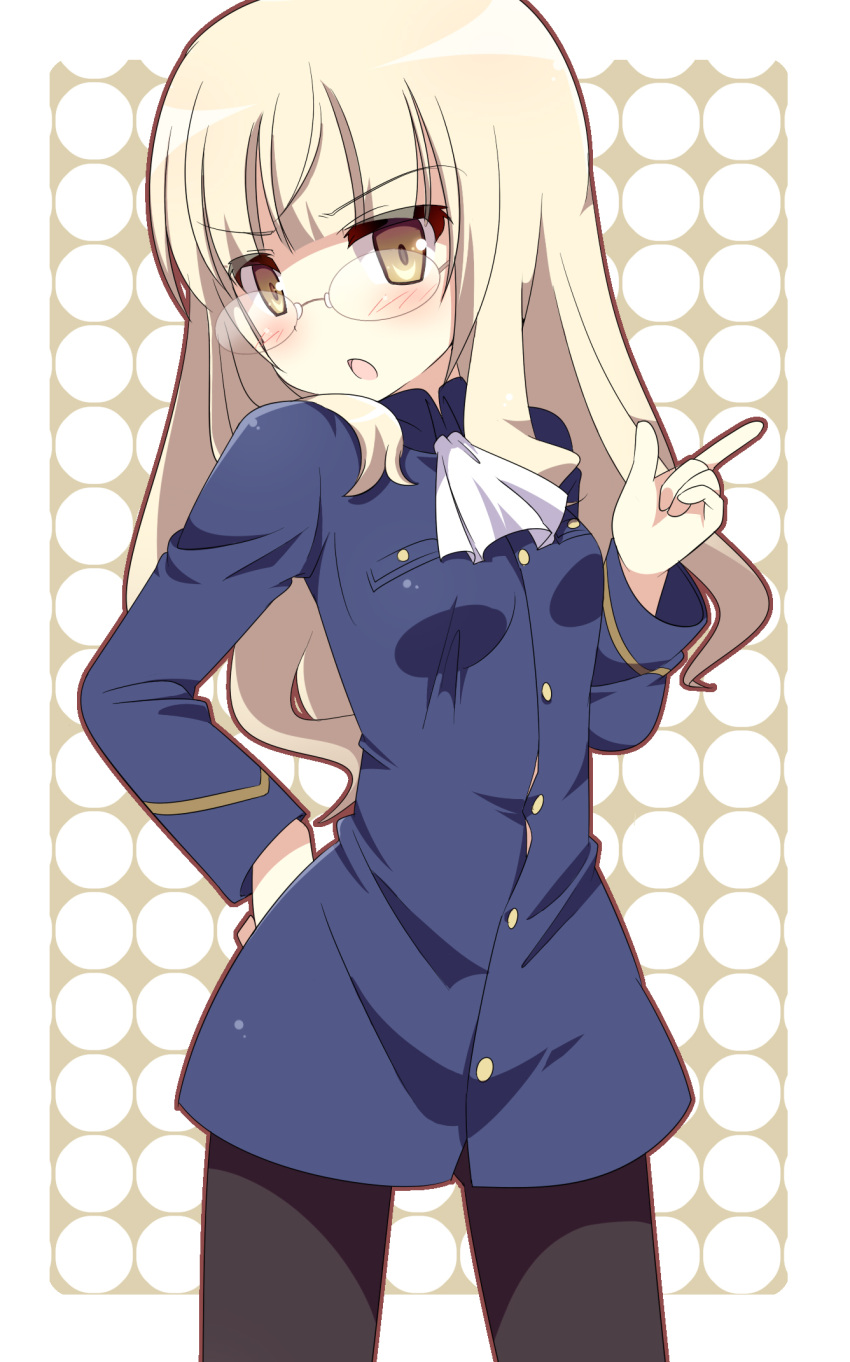 &gt;:o 1girl ascot black_legwear blonde_hair blush glasses hand_on_hip highres index_finger_raised kimoko long_hair looking_at_viewer military military_uniform open_mouth pantyhose perrine_h_clostermann solo strike_witches uniform yellow_eyes