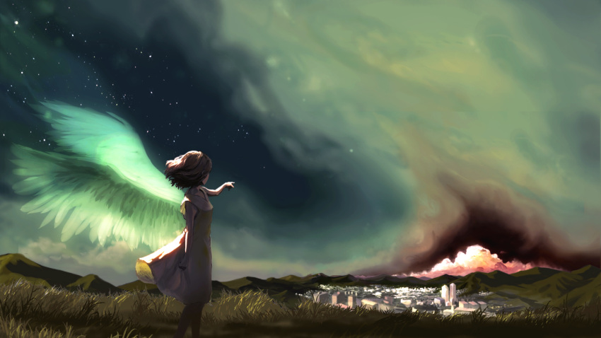 akio-bako angel brown_hair city cityscape cloud dress from_behind grass hill horizon night original pointing scenic short_hair sky solo standing star_(sky) starry_sky white_dress white_wings wings