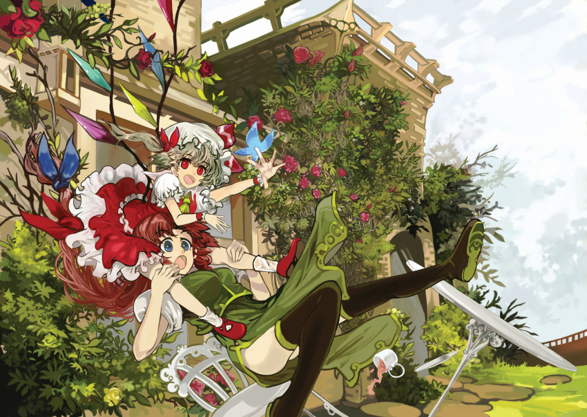 blonde_hair blue_eyes boots chair crystal cup falling flandre_scarlet flower hat highres hong_meiling long_hair multiple_girls open_mouth outstretched_arm outstretched_hand plant reaching red_eyes red_hair red_rose redhead rose ryuuri_susuki saucer sausage side_ponytail surprised table tea teacup the_embodiment_of_scarlet_devil thigh-highs thigh_boots thighhighs touhou tree wings