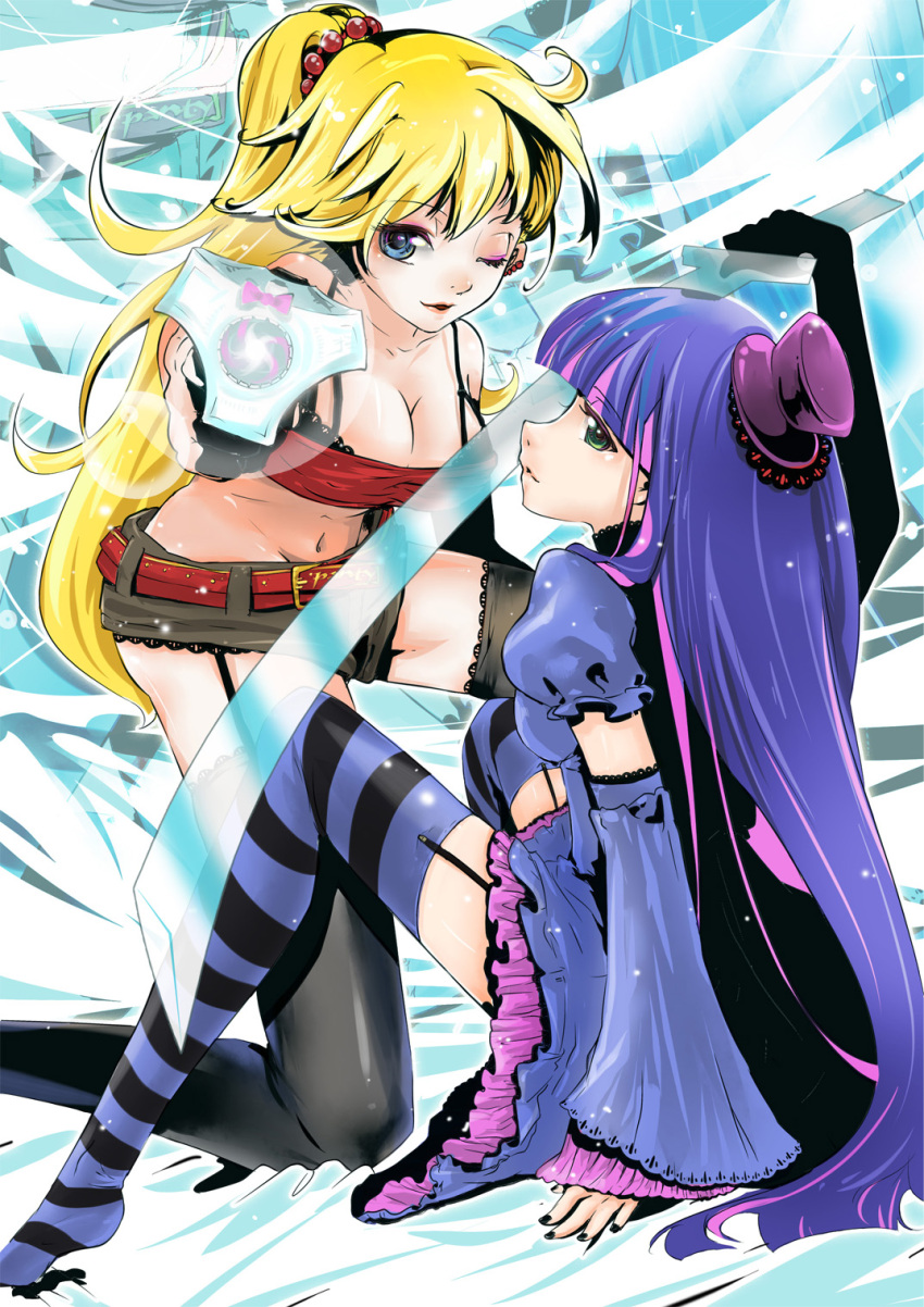 back_lace black_legwear black_thighhighs blonde_hair blue_eyes breasts character choker cleavage detached_sleeves earrings frills garter_straps green_eyes gun hat highres jewelry large_breasts long_hair midriff mini_top_hat multicolored_hair multiple_girls panties panty_&amp;_stocking_with_garterbelt panty_(character) panty_(psg) ponytail short_shorts shorts stocking_(character) stocking_(psg) striped striped_legwear striped_thighhighs stripes_i_&amp;_ii sword thigh-highs thighhighs top_hat two-tone_hair underwear watery_s weapon wink