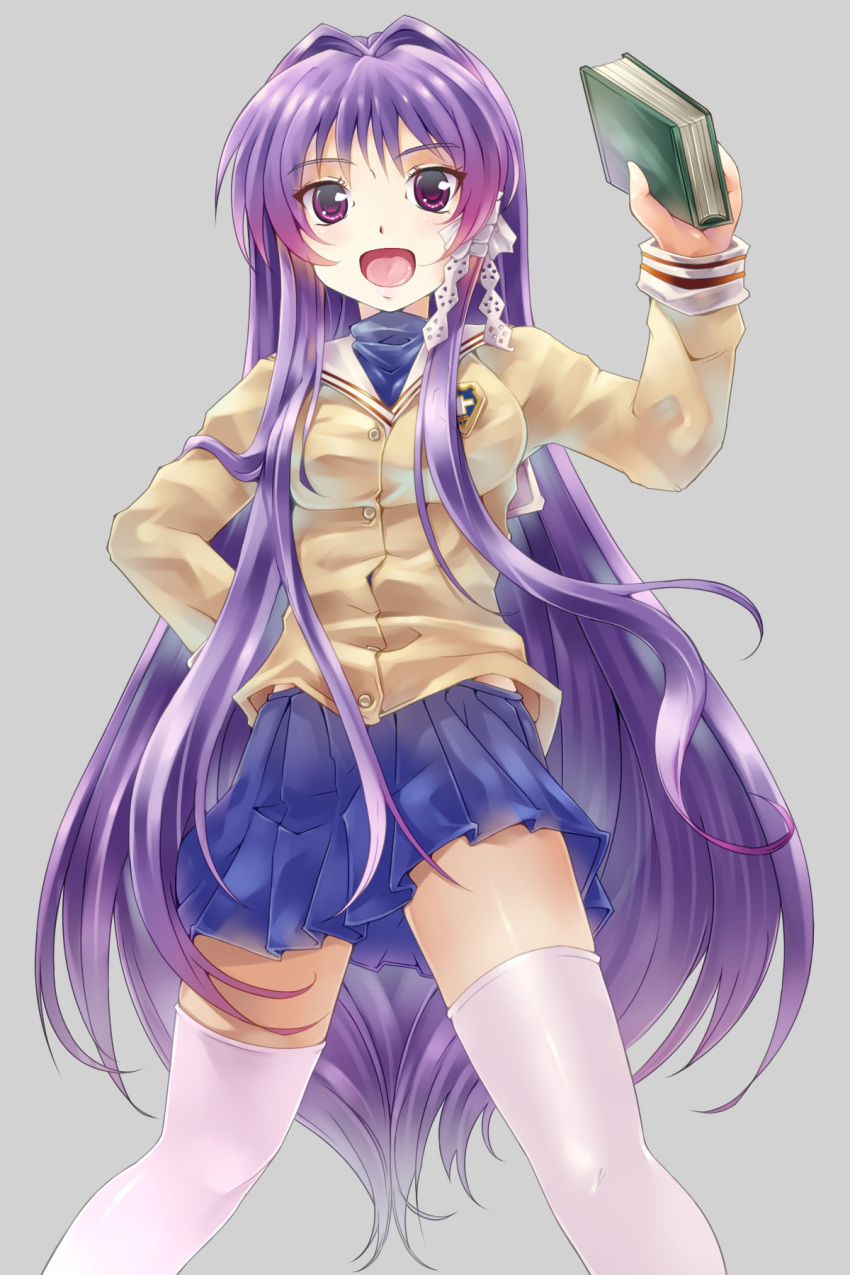 1girl book breasts clannad fujibayashi_kyou grey_background hair_intakes highres long_hair open_mouth purple_hair school_uniform simple_background skirt smile solo srx61800 thigh-highs very_long_hair violet_eyes white_legwear