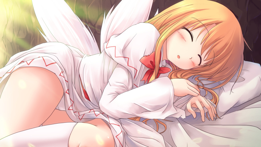 bed blonde_hair capelet closed_eyes dress eyes_closed highres lily_white lying lzh no_hat no_headwear on_side panties sleeping solo touhou underwear wallpaper white_panties wings