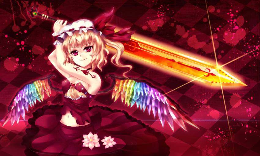 alternate_wings blonde_hair breasts checkered cleavage flandre_scarlet flower greave_(artist) hat laevatein midriff rainbow_order red_eyes short_hair side_ponytail solo sword tattoo the_embodiment_of_scarlet_devil touhou tubetop weapon wings