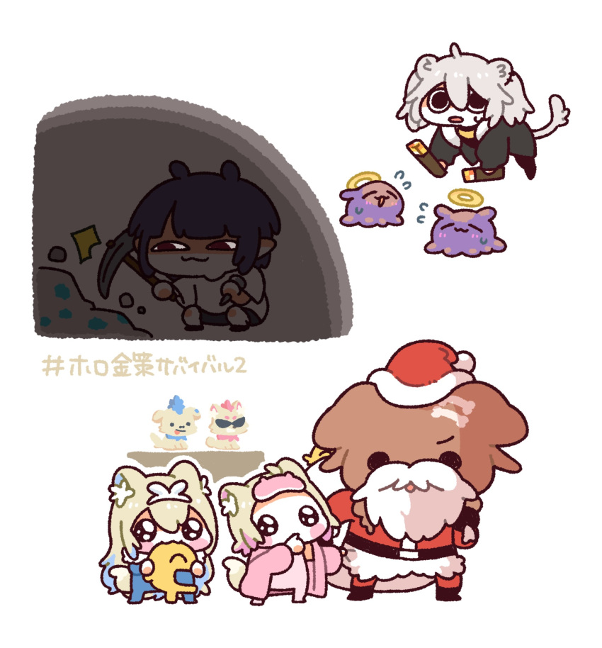 5girls :3 ahoge animal_ears beard blonde_hair blue_hair blush commentary facial_hair fuwawa_abyssgard fuwawa_abyssgard_(pajamas) halo hat highres hololive hololive_english inugami_korone inugami_korone_(dog) lion_ears lion_girl lion_tail long_hair medium_hair minecraft mining mochigome_(h0_pj) mococo_abyssgard mococo_abyssgard_(pajamas) mohawk multicolored_hair multiple_girls ninomae_ina'nis ninomae_ina'nis_(casual) open_mouth pickaxe pink_hair purple_hair ruffian_(fuwamoco) sack santa_costume santa_hat shishiro_botan shishiro_botan_(1st_costume) sleep_mask smile streaked_hair sunglasses tail takodachi_(ninomae_ina'nis) tentacle_hair torch untranslatable_commentary virtual_youtuber white_hair