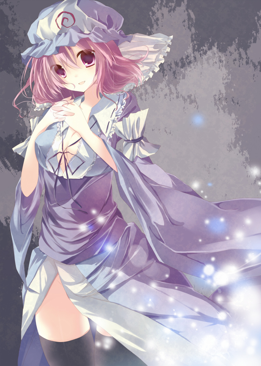 black_legwear black_thighhighs blue_dress breasts cleavage dress hands_on_chest hands_on_own_chest hands_to_chest hat highres kisaragi_kiriha no_panties pink_eyes pink_hair saigyouji_yuyuko smile solo thigh-highs thighhighs touhou